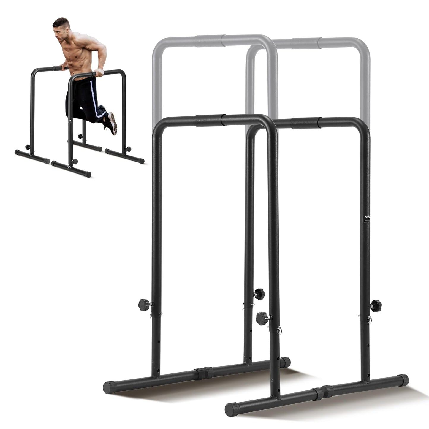 VEVOR Dip Bars 440 lbs Capacity Heave Duty Dip Stand Station with Adjustable Height Fitness Workout Dip Bar Station Stabilizer Parallette Push Up Stand Parallel Bars for Strength Training Home Gym