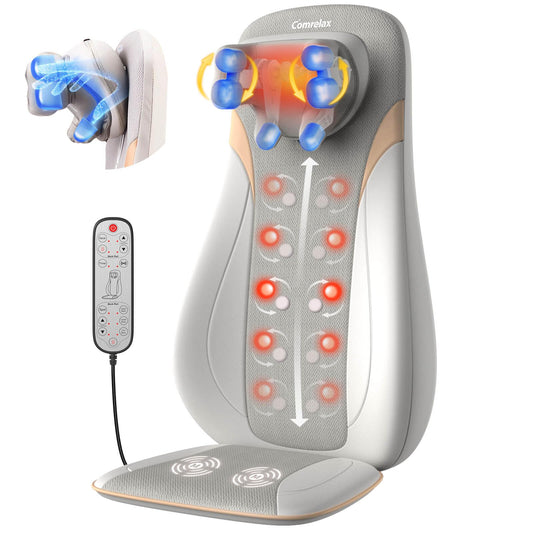 comrelax Shiatsu Neck & Back Massager with Heat 3D Unique V Neck Roller Deep Tissue Kneading Massage Chair Pad for Neck Back & Shoulders Vibration Cushion with Smart Timer PU Leather